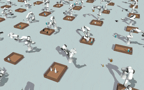 Multiple robotic arms performing various manipulation tasks on individual tables with different objects, showcasing a range of robot behaviors in a coordinated setting.