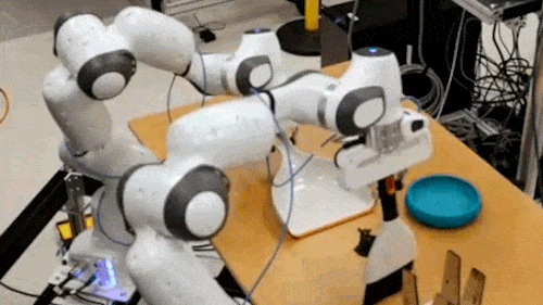 Robots using a broom and dustpan to sweep.