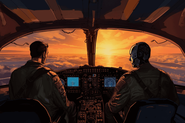 Pilot and AI robot co-piloting aircraft with advanced cockpit controls against a backdrop of a sunrise at altitude