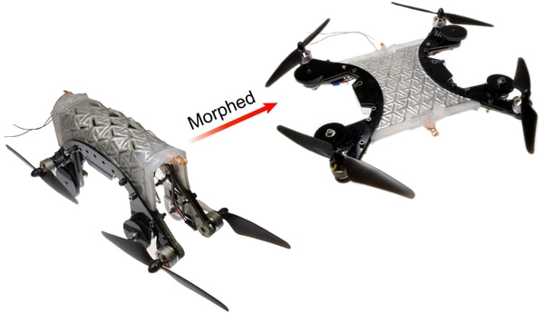 Multi-function soft robots morph to drive and fly with rubber and melting metal.