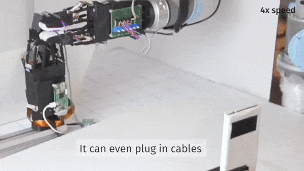 Soft Gripper Robot Plugs Cord Into Jack